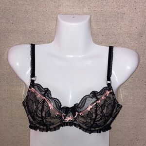 Pleasure State Black Lace Double String Pink Satin Ribbons Bows Bra New 34C